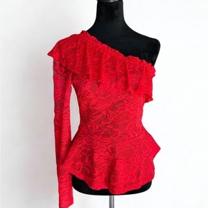 BEBE Red Lace One-Shoulder Blouse